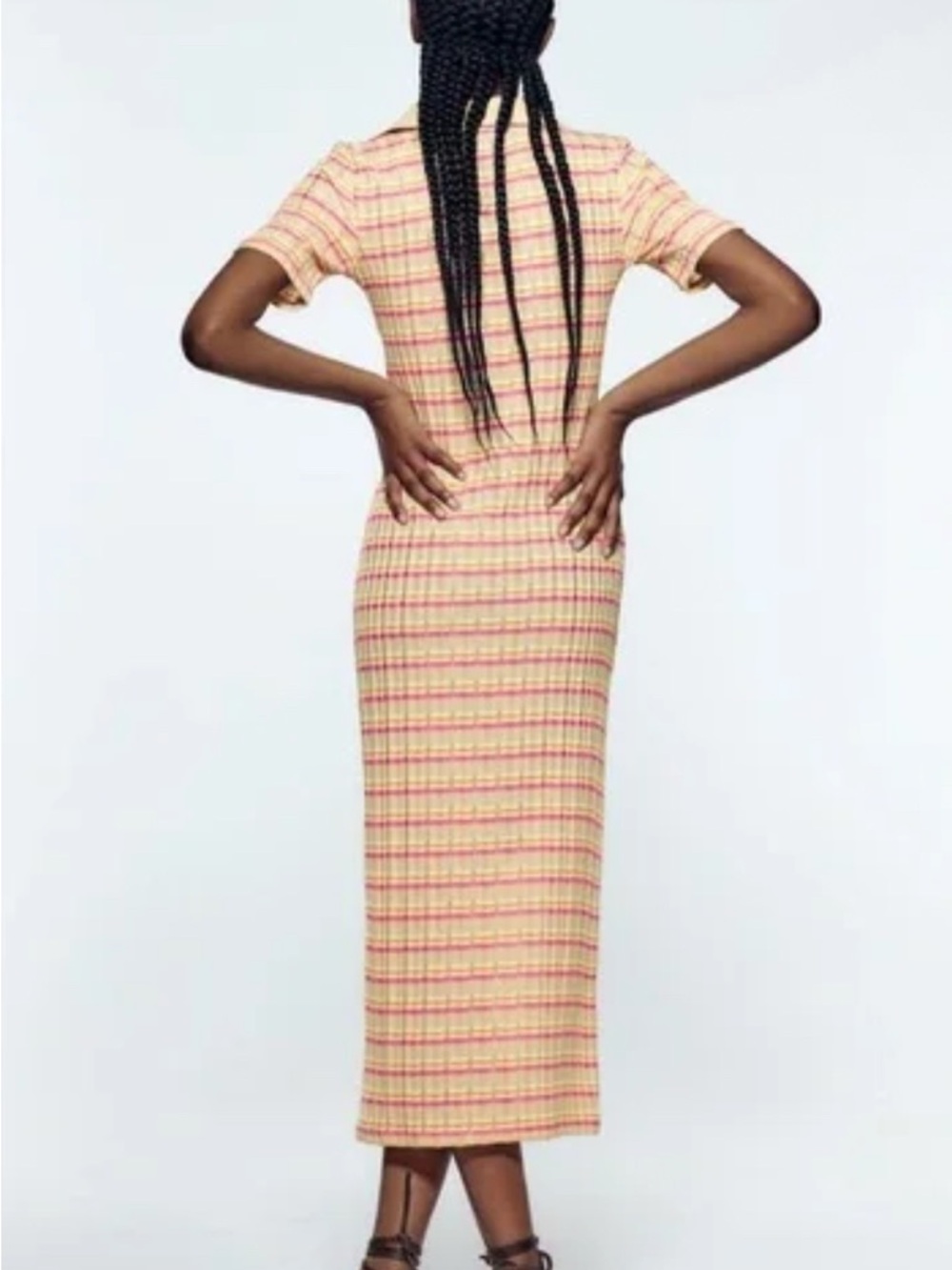SOLD - Zara Ribbed Knit Striped Midi Dress Polo Collar Yellow Pink Size Small - Picture 2 of 8